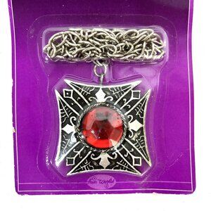 Gothic Medallion Silver w faux Rubie Cross NOS – Y2K – NWT